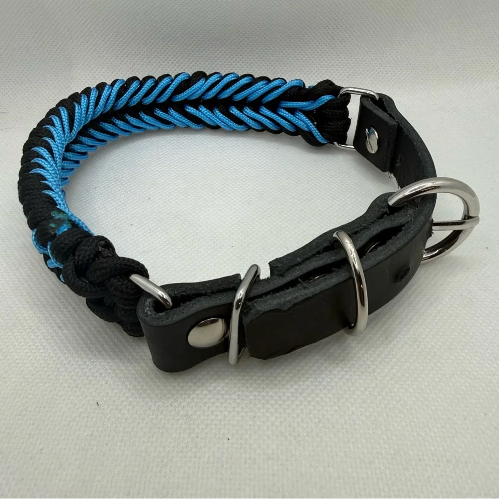 Handmade Blue & Black Paracord Dog Collar with Leather Adjustable Strap